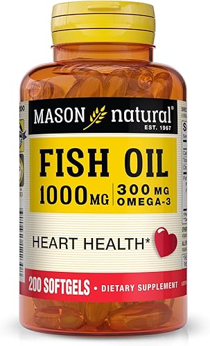 MASON NATURAL Aceite de pescado 1000 mg con 300 mg Omega-3, corazón saludable, apoya la función circulatoria, mejora la salud cardiovascular, 200
