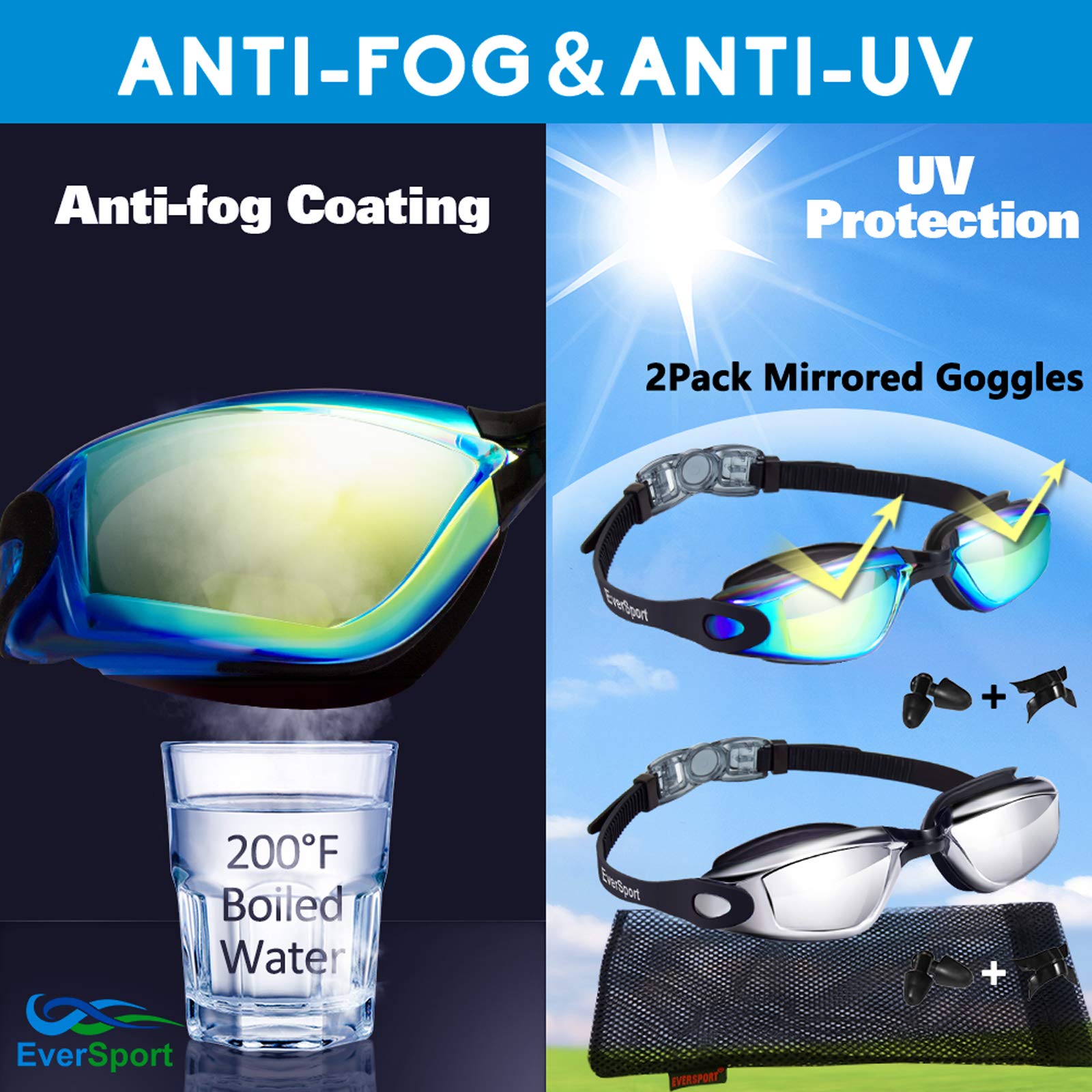 Gafas de natación para adultos, hombres, mujeres, jóvenes, antivaho, anti-UV, paquete de 2