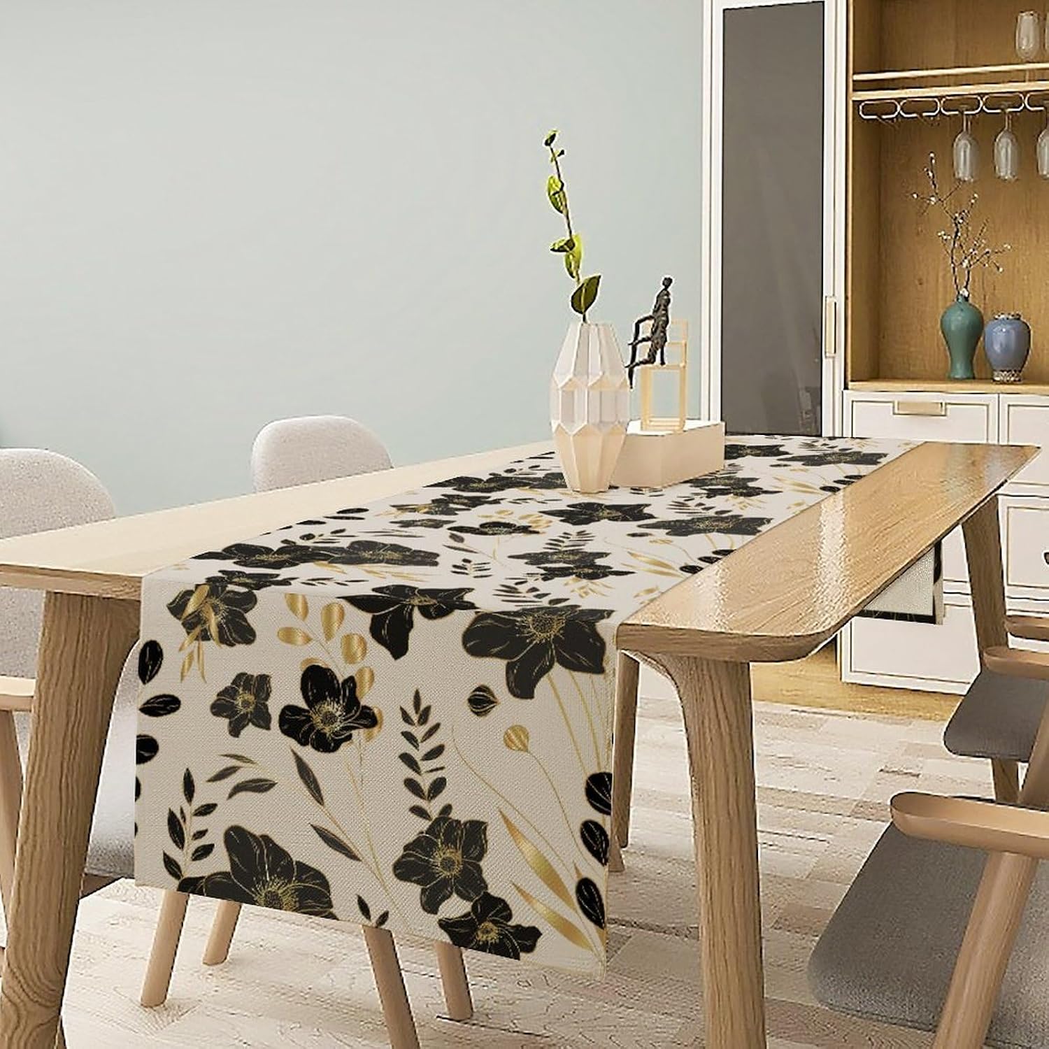 Black Gold Floral Table Runner, Mordern Minimalist Luxury Golden Floral Leaves Print Table Runner for Indoor Outdoor Home Decor Party Decor, 13x36inch image 2