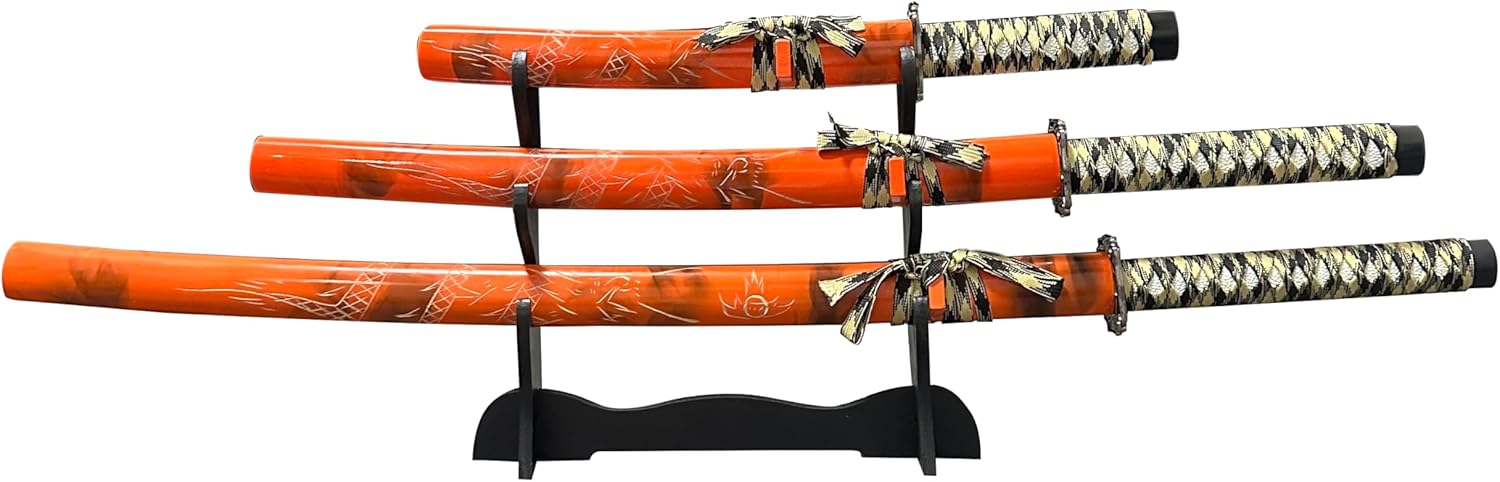 Decorative Samurai Sword Set, 3-Piece Katana Collection with Display Stand, 39.3/31.1/20.4 inches