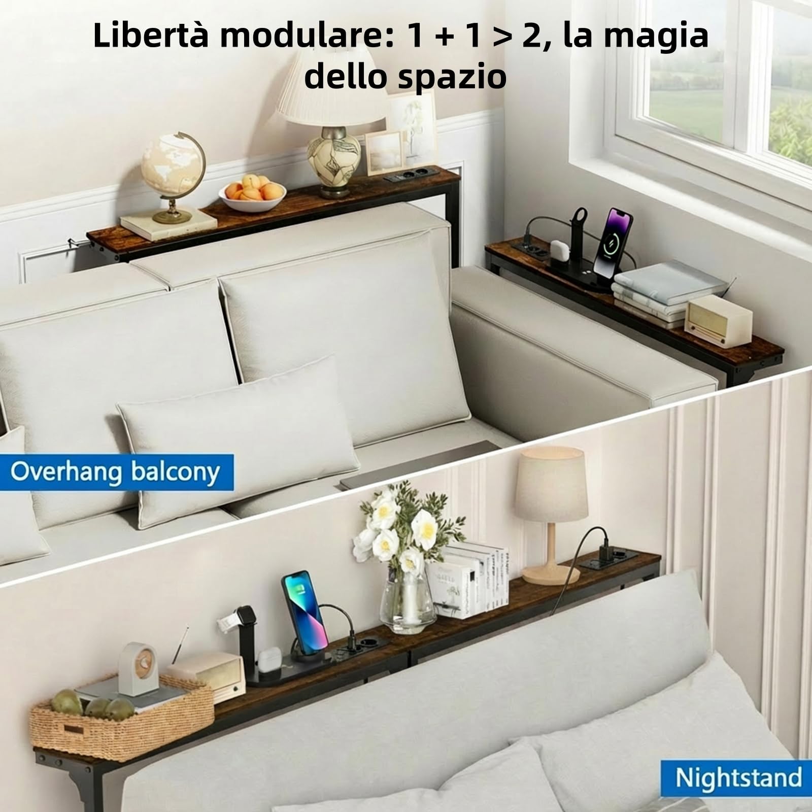 2er Set Konsolentisch schmal mit Steckdose, 8-stufig Höhenverstellbar Sofa Tisch (100x15cm), Schmaler Konsolentisch hinter dem Sofa, Console Table mit USB & Type-C, Couch Regal für Wohnzimmer
