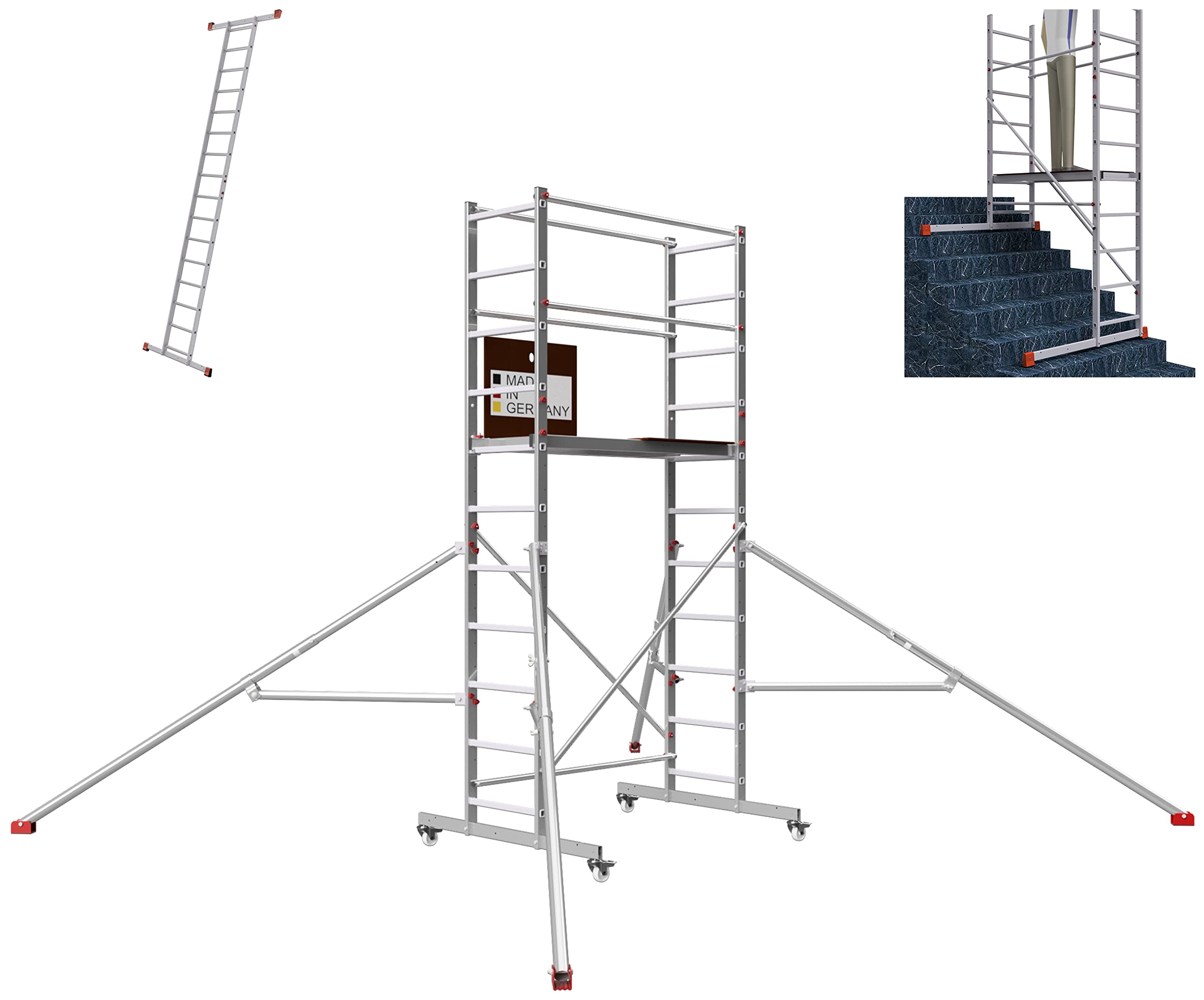 ALTEC AluCombine 4.0 - Échafaudage mobile aluminium avec 4 roulettes freinables et stabilisateurs - Échafaudage roulant à marches, montage simple (4 m)