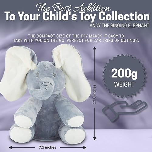 Miniatura 5 de 13MARCH Andy The Elephant - Juguete de peluche de elefante blanco Peek A Boo, regalo para bebés con sonido musical escondido y orejas en movimiento,