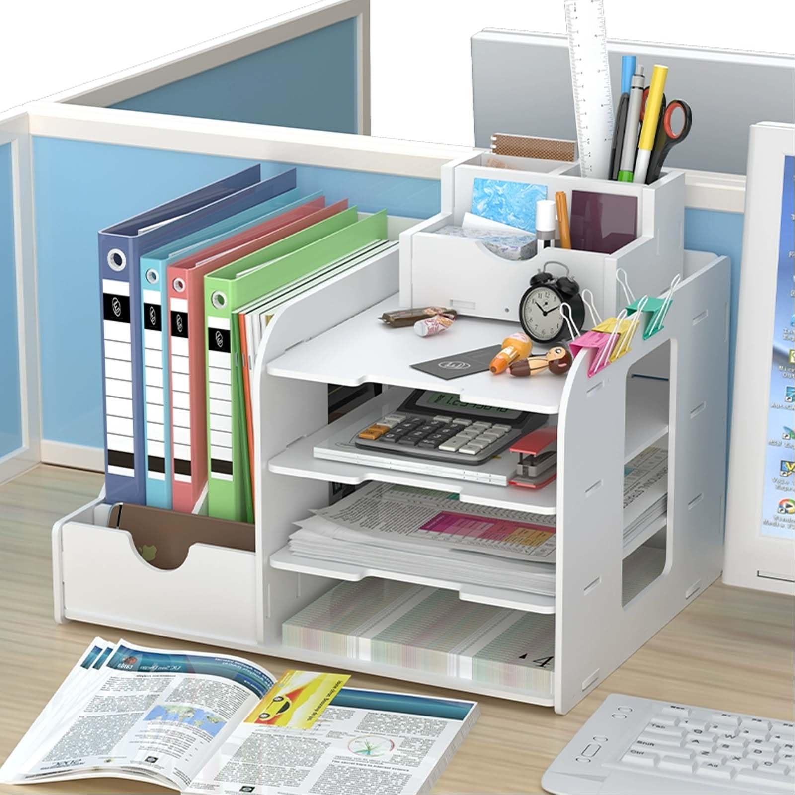 Organizador de Escritorio de Madera – Estante de Almacenamiento para Archivos A4 con Organizador de Documentos de Oficina, Ideal para Bandejas de Archivo de Papel en el Hogar