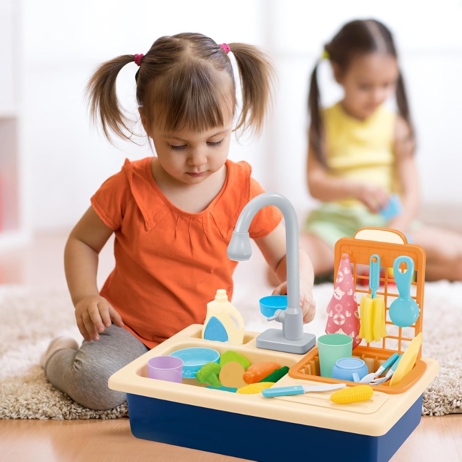 Play Sink with Running Water for 3+ Kids Toy Sink Self Circulating Water Large Capacity Realisitic Toddler with Tableware Vegetable Fruit Play Kitchen