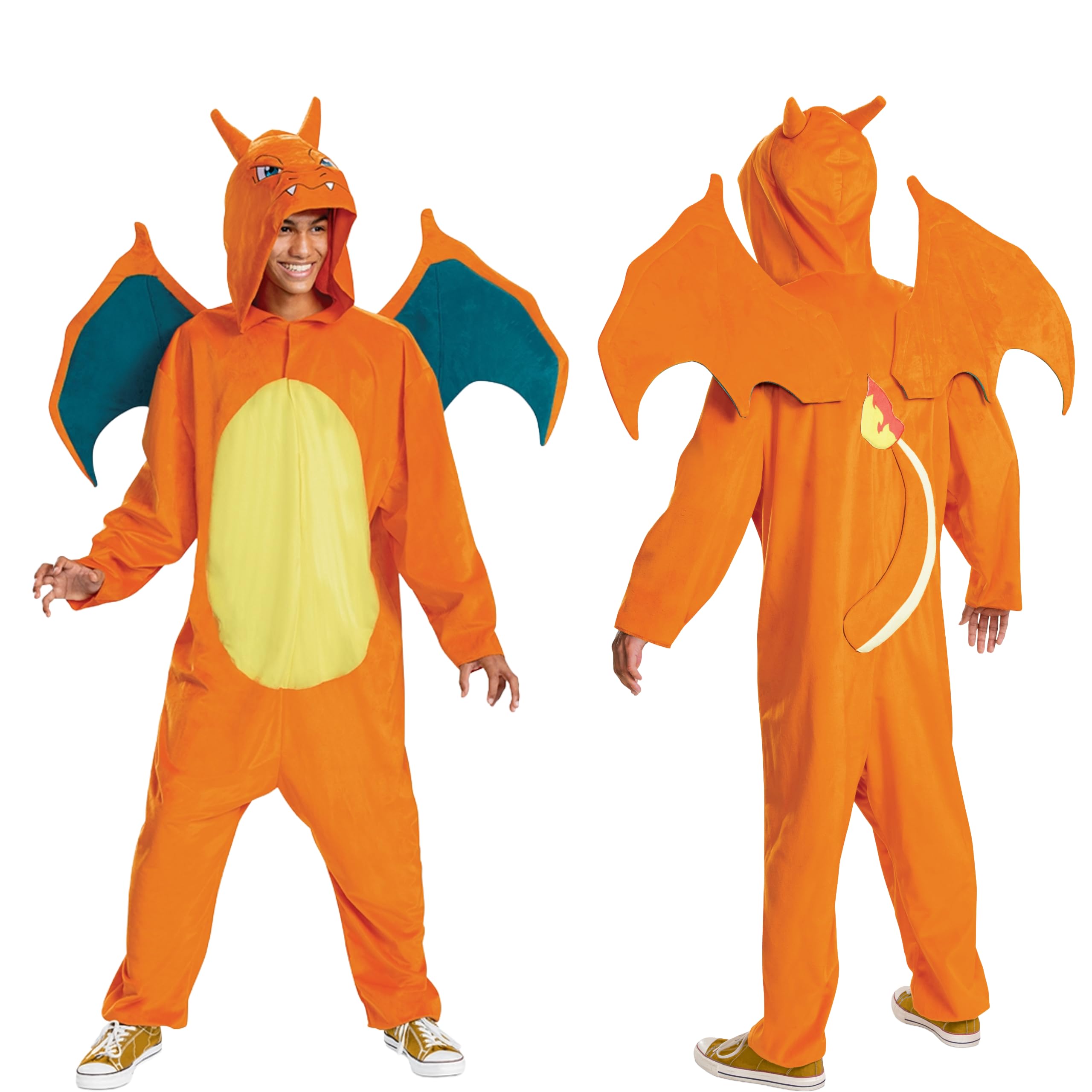 Pokémon Charizard kombinezon dla dorosłych, unisex, oficjalna licencja Pokémon, fantazyjna sukienka dla dorosłych, zawiera odpinane skrzydła i szczegółowy kaptur z tkaniny z rogami, S, M, L/XL