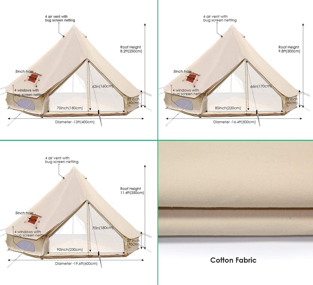 Playdo 4-Season Camping Cotton Canvas Bell Tent Wall Hunting Tent with 2 Doors and Stove Jack Hole
