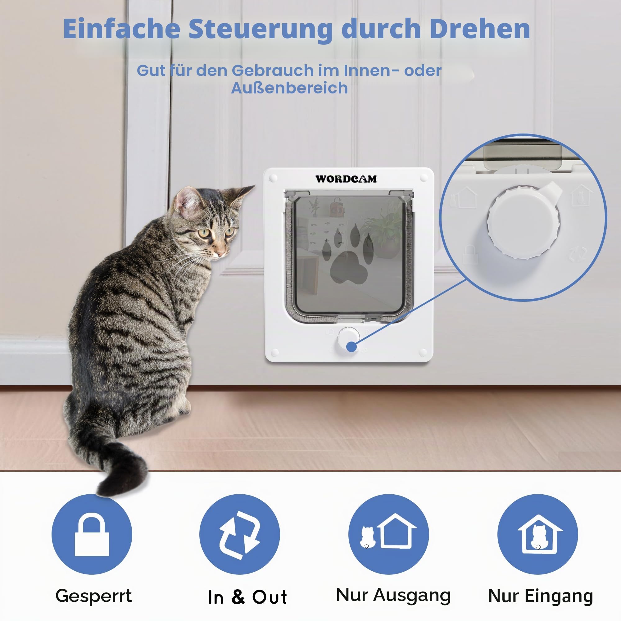 Wordcam Mittelgroße Katzentürklappe, 4-Wege-Verriegelung Katzentür für Innen- und Außentüren, Haustiertür für Katzen, Kätzchen, Hunde, robust, witterungsbeständig (Weiß, M)