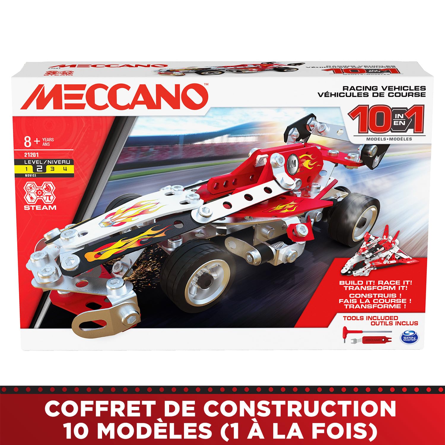 BANDAI - Meccano Véhicules de Course 10 en 1 - Coffret de Construction 10 Modèles - 225 pièces, Outils, Notice - Kit Activité Assemblage Voiture Avion Bateau Course - Jouet Enfant 8 Ans et+ -APM20104