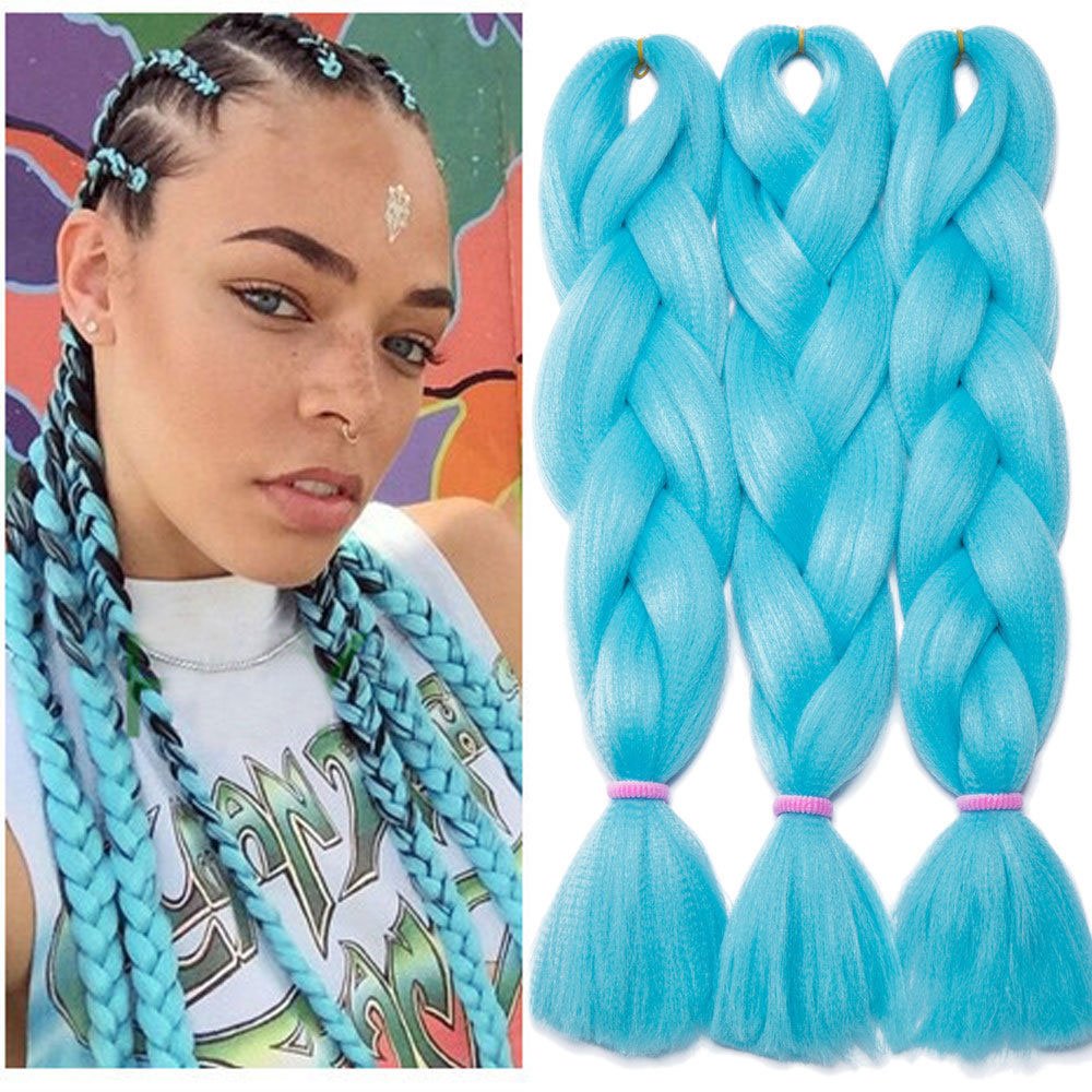 3 pcs/300g 60CM dos Ombre trenzado fibra Crochet Cabello Extensiones de pelo sintético trenzado Braids Extensiones de clip de pelo Natural Azul claro