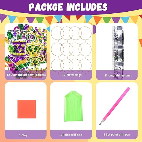 Miniatura 3 de 12 piezas de dijes de pintura de diamantes de Mardi Gras, dijes de vino para copas de vino, marcadores de bebidas, dijes de identificación de copa