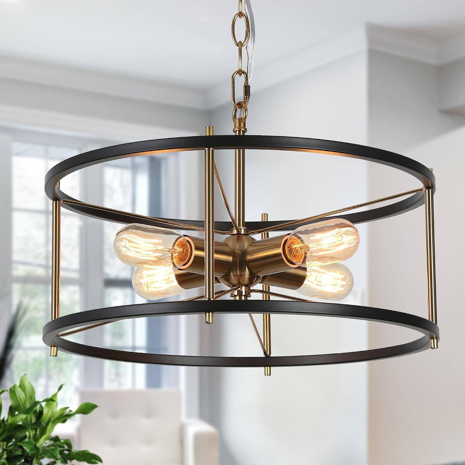 KSANA Drum Chandelier for Dining Room, Mid-Century Modern Chandelier 4 Lights, 17 Inch Black Gold Chandelier Ceiling Hanging Pendant Light Fixture for Entryway, Kitchen, Living Room, Foyer