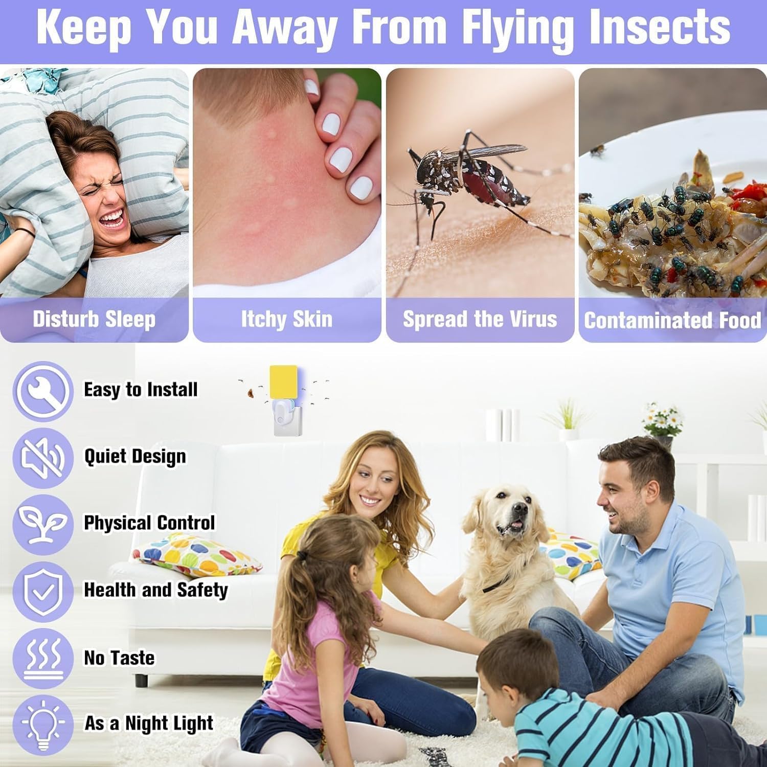 Flying Insect Trap Plug-in, Indoor Mosquito & Gnat Killer, Safe Non-Toxic UV Light Fly Catcher, Night Light Bug Trap with Sticky Pad for Flies, Gnats, Moths (2 Pack, Bright White)