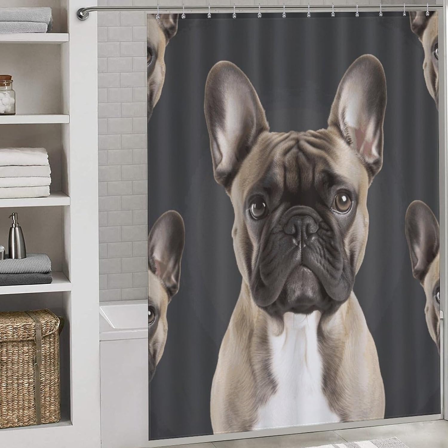 Bathroom Shower Curtain 66x72 Inch Waterproof Fabric Shower Curtains with 12 Hooks French Bulldog Bath Curtain for Bathtubs Bathroom Decor