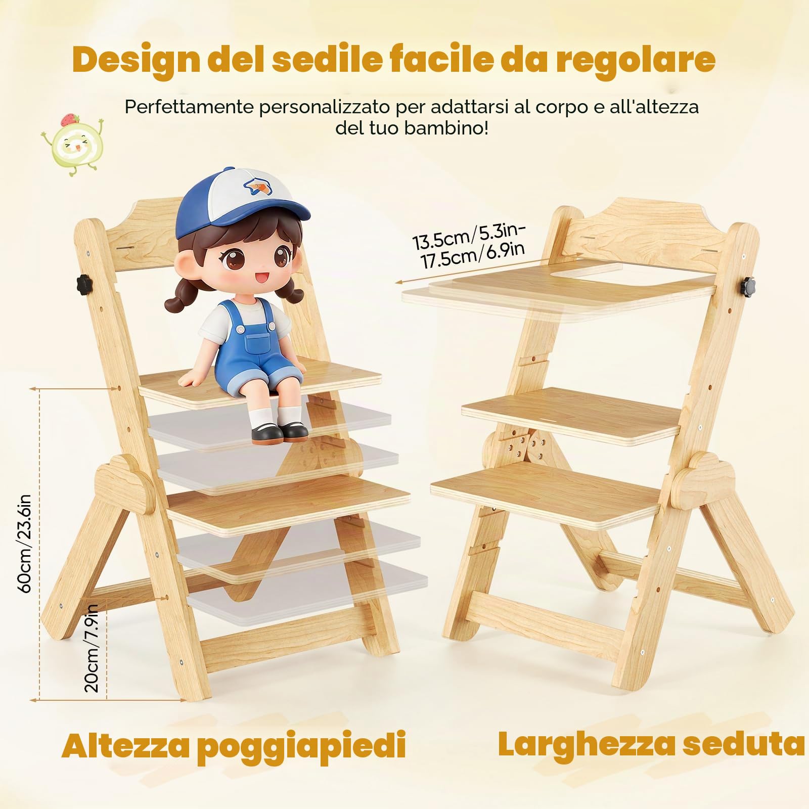Seggiolone Pappa Legno, 2 in 1 Seggiolone Evolutivo, Sedia Ergonomica con Cintura a 5 Punti e Spartigambe Regolabili, Facile da Pulire, Natural Wood + Cuscino per Bambini 6+ Mesi
