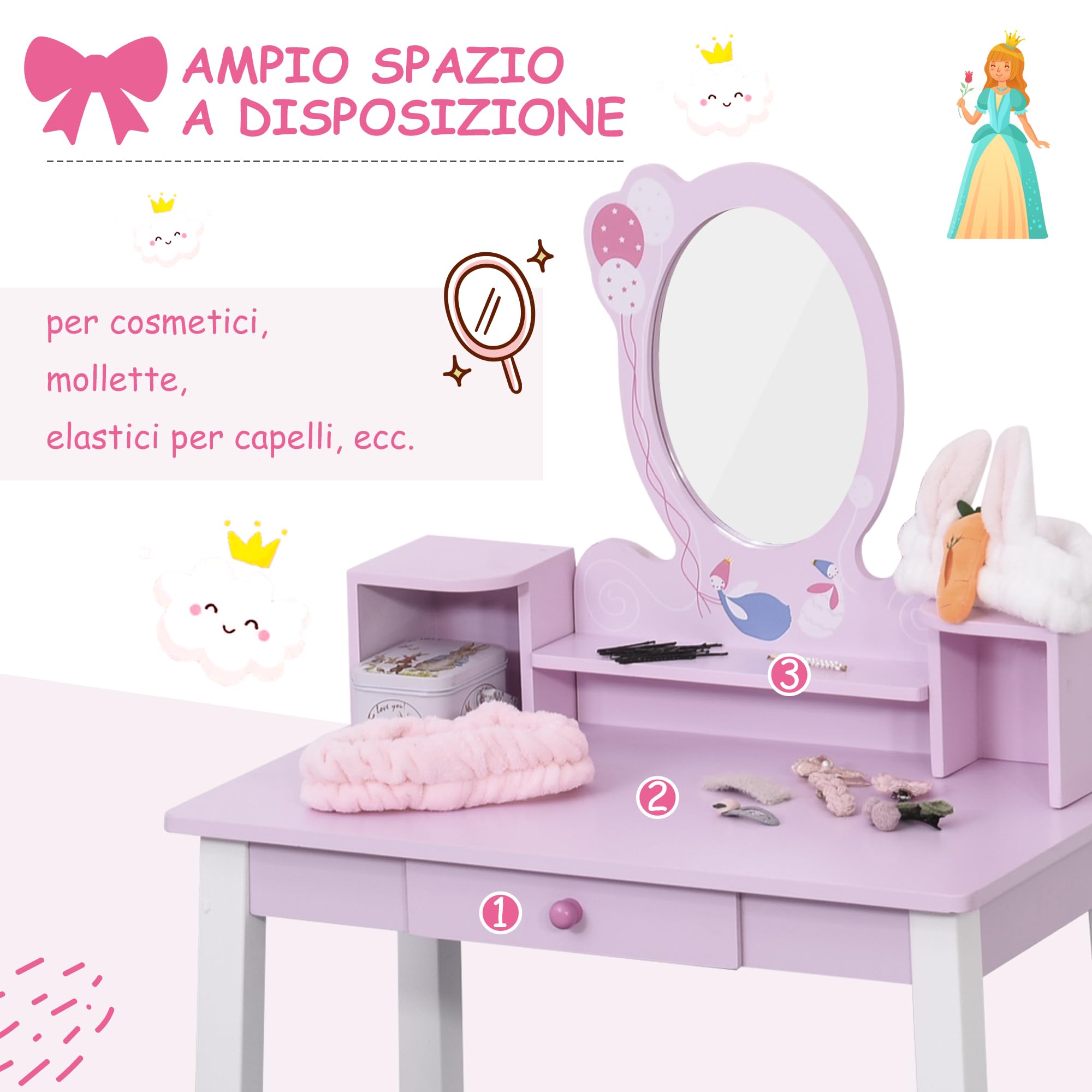 HOMCOM Set Mobili Cameretta con Letto per Bambini 3 in 1 in Legno Rosa