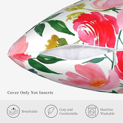 Miniatura 5 de Juego de 2 fundas de almohada de primavera de 18 x 18 pulgadas, diseño de flores rosas y hojas verdes, acuarela floral, decoración del hogar, funda