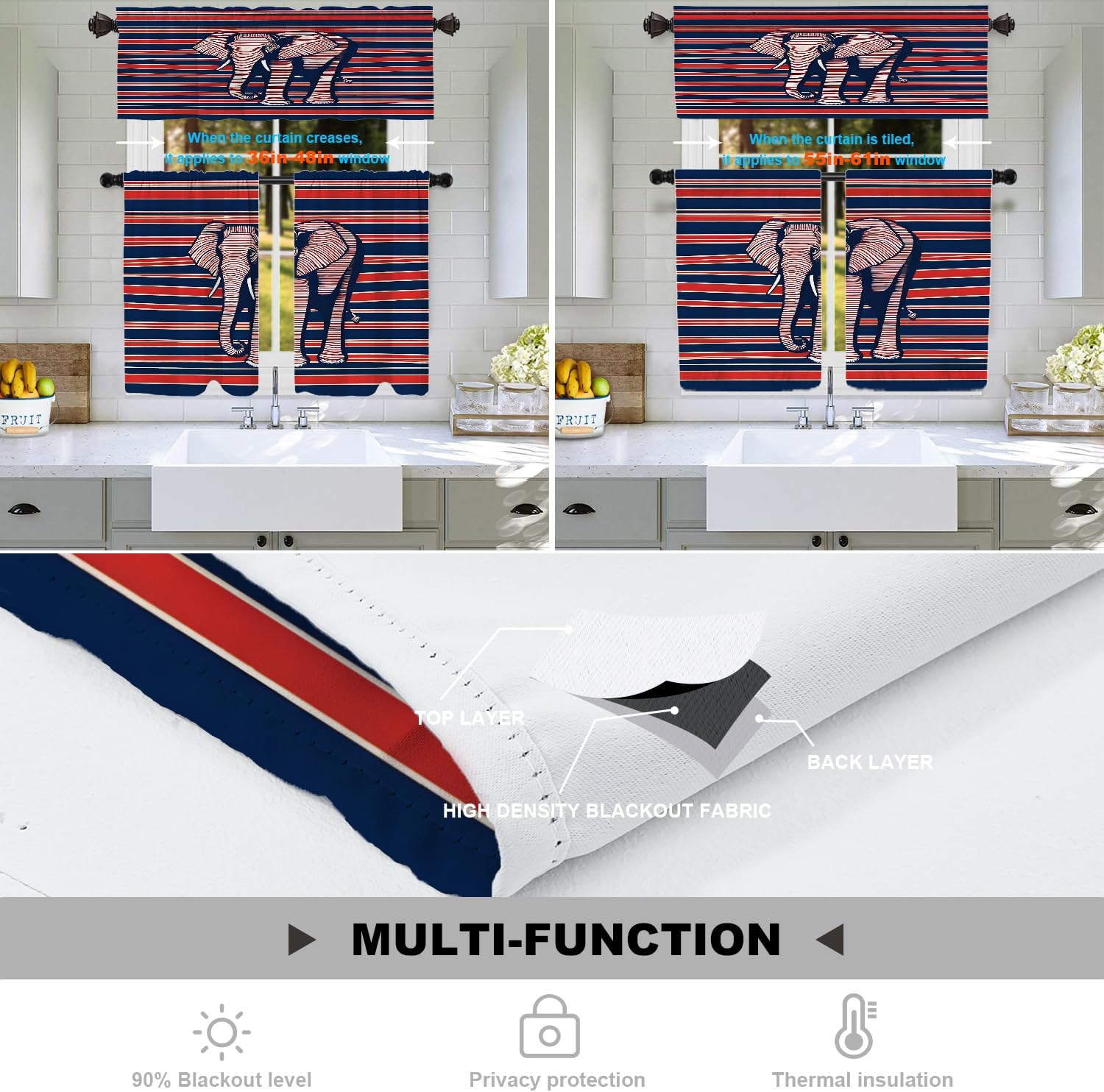 Batmerry American Republican Elephant Tier Curtains, Navy Blue Red Stripes Background Cafe Curtain Short Kitchen Drapes Small Valance for Bathroom, 2 Pack 36X26 Inches