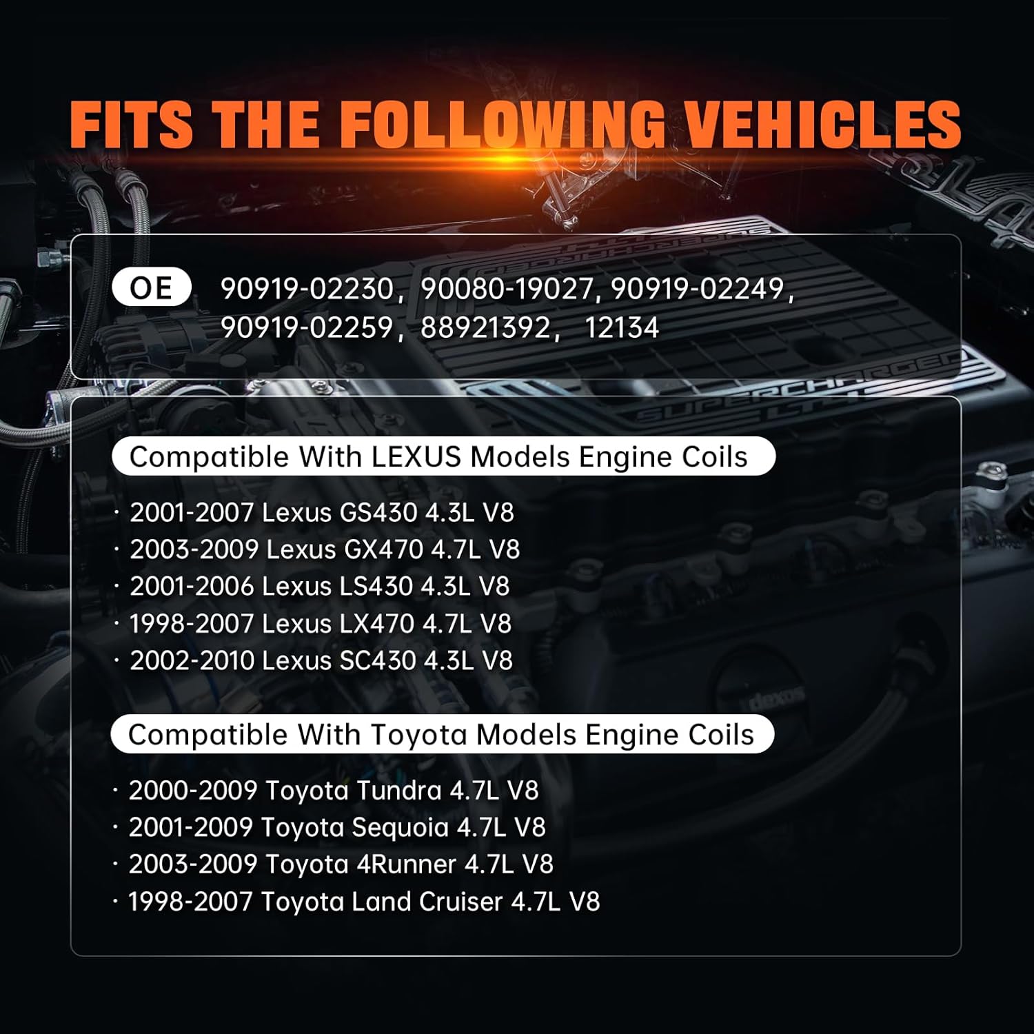 Set of 8 Ignition Coil Pack Compatible with Toyota Lexus Tundra 4Runner Sequoia Land Cruiser LX470 SC430 GX470 2000-2009 4.3L 4.7L V8 Replace 90919-02230