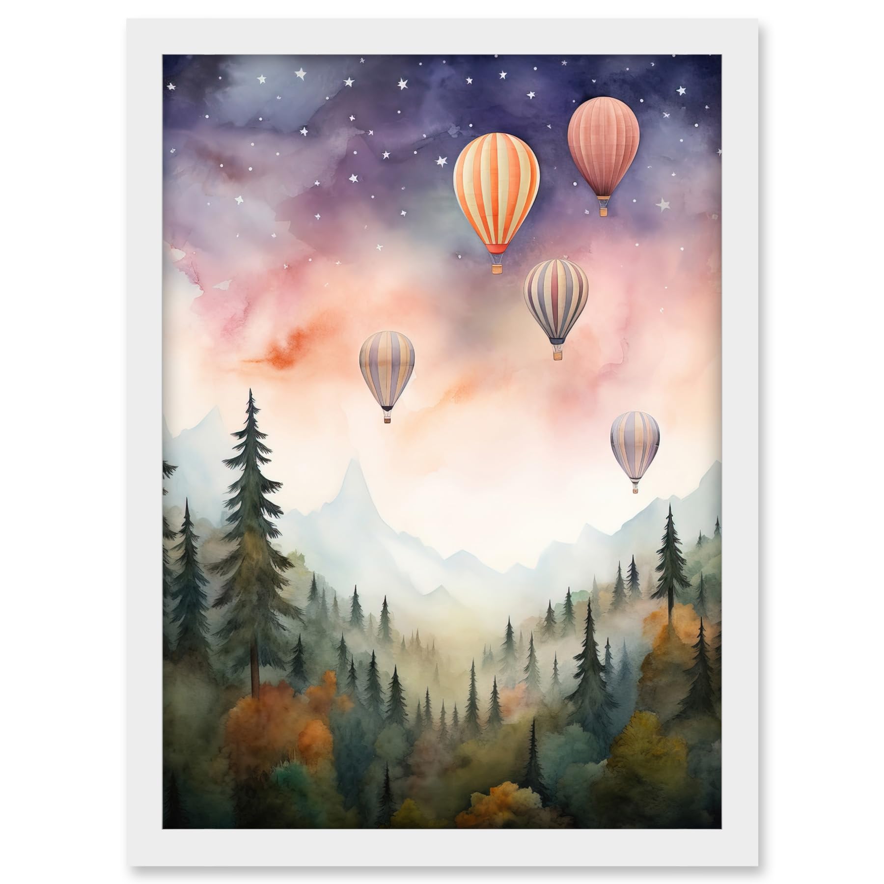 Artery8 Hot Air Balloons Over Misty Forest Landscape Watercolour Painting Orange Green Purple Dreamy Dusk Sky Stars Kids Bedroom Artwork Framed A3 Wall Art Print