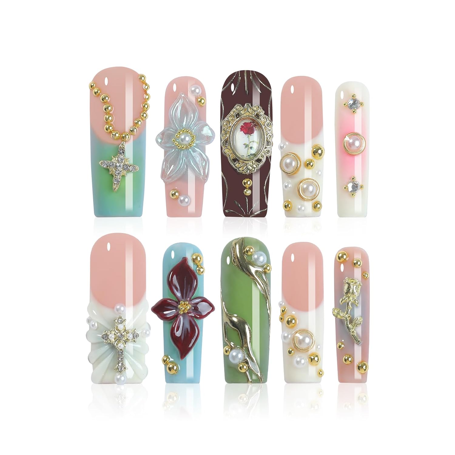 Handmade Artificial Nails Press on Kit, 10pcs Medium Square Fake Nails, Floral Design, Reusable Press on Nails for Party Birthday Wedding