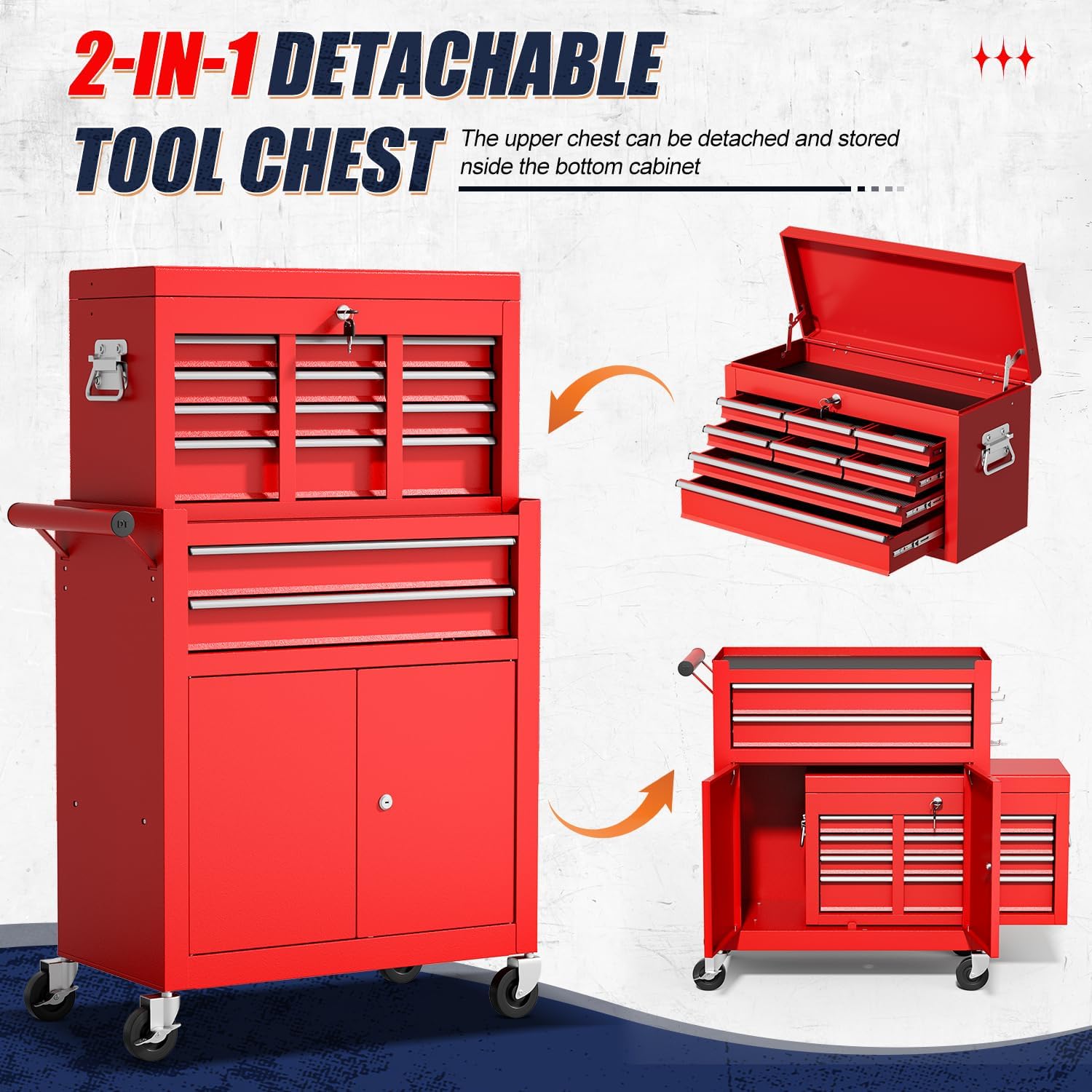 10-Drawer Rolling Tool Chest with Wheels, Rolling Tool Chest Heavy Duty, 2 in 1 Lockable Tool Box with Drawers, High-Capacity Mechanic Tool Organizer, Adjustable Shelf & Detachable Top Cabinet