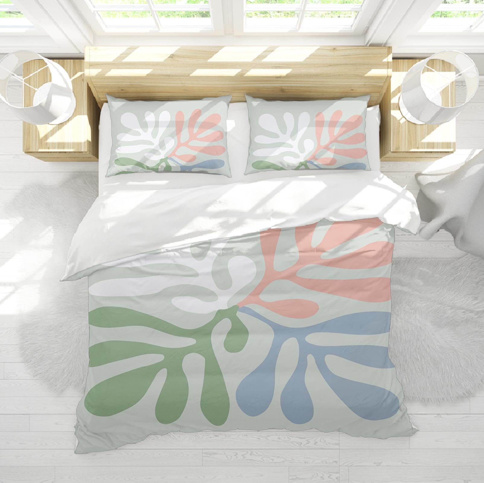 Housse de couette ensemble 3 pièces grand lit motif abstrait feuilles