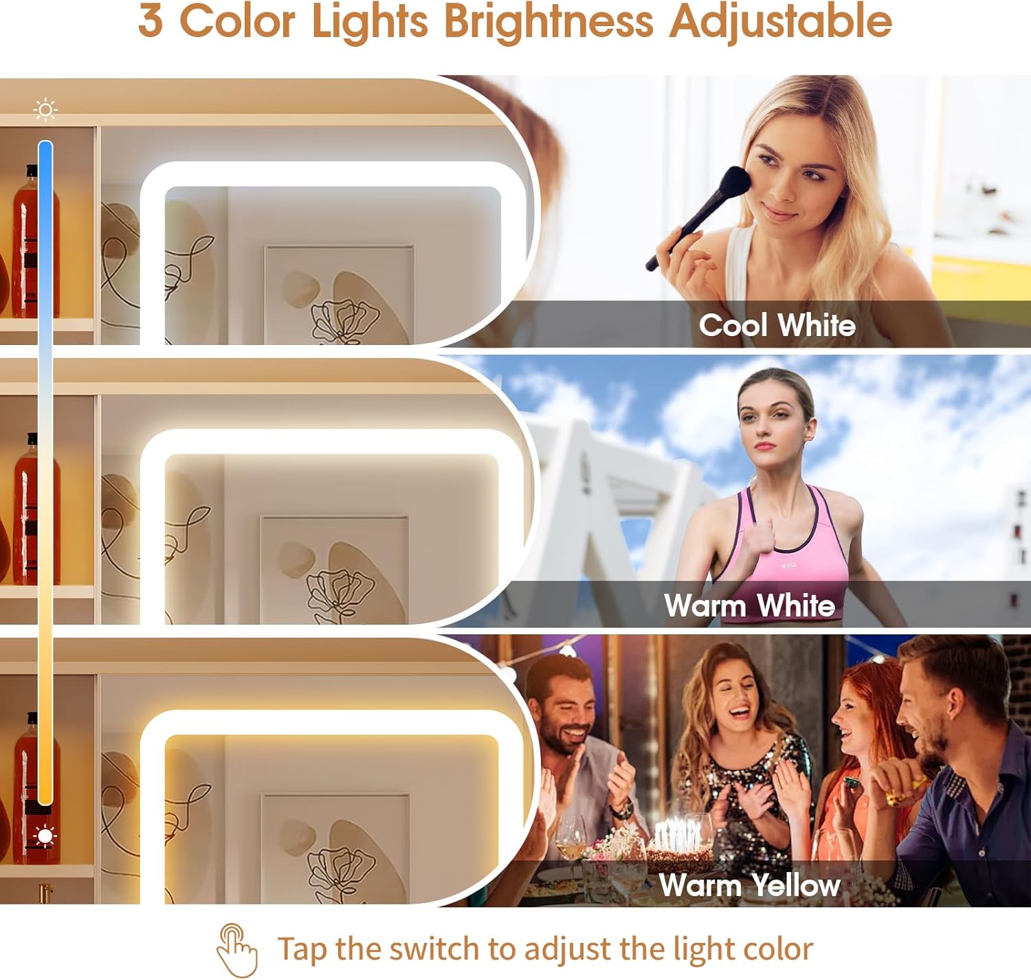 Illustration of the 3 adjustable lighting modes: Cool White, Warm White, and Warm Yellow.