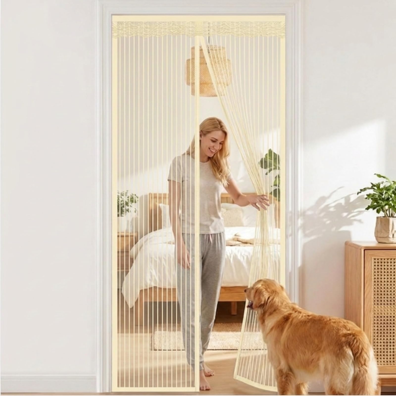 Moustiquaire porte aimantée beige 120x200 cm en polyester pour balcon