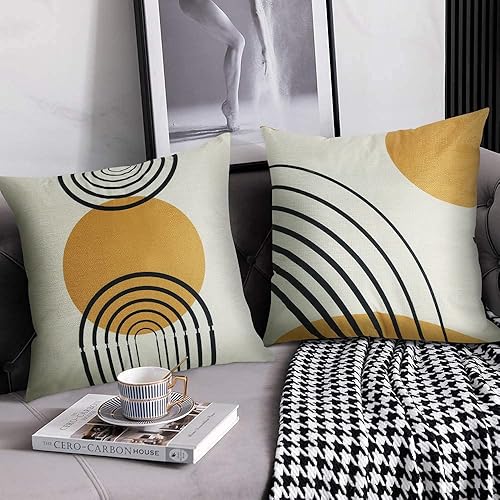 Miniatura 9 de Juego de 4 fundas de almohada de 18 x 18 pulgadas, patrón abstracto amarillo de mediados de siglo, moderno, simple, geométrico, círculo, rayas
