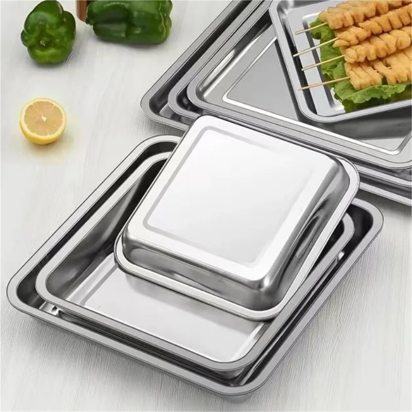 Vassoio da portata quadrato in acciaio inox cucina, 5 pezzi, for piatti for torte e alimenti per Cucina(25x25x2cm)
