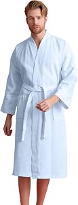 Men's Waffle Spa Bathrobe with 100% Cotton. Long, Lightweight Men Robes, Absorbent