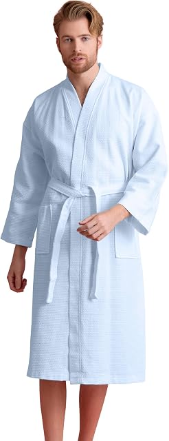 Men's Waffle Spa Bathrobe with 100% Cotton. Long, Lightweight Men Robes, Absorbent