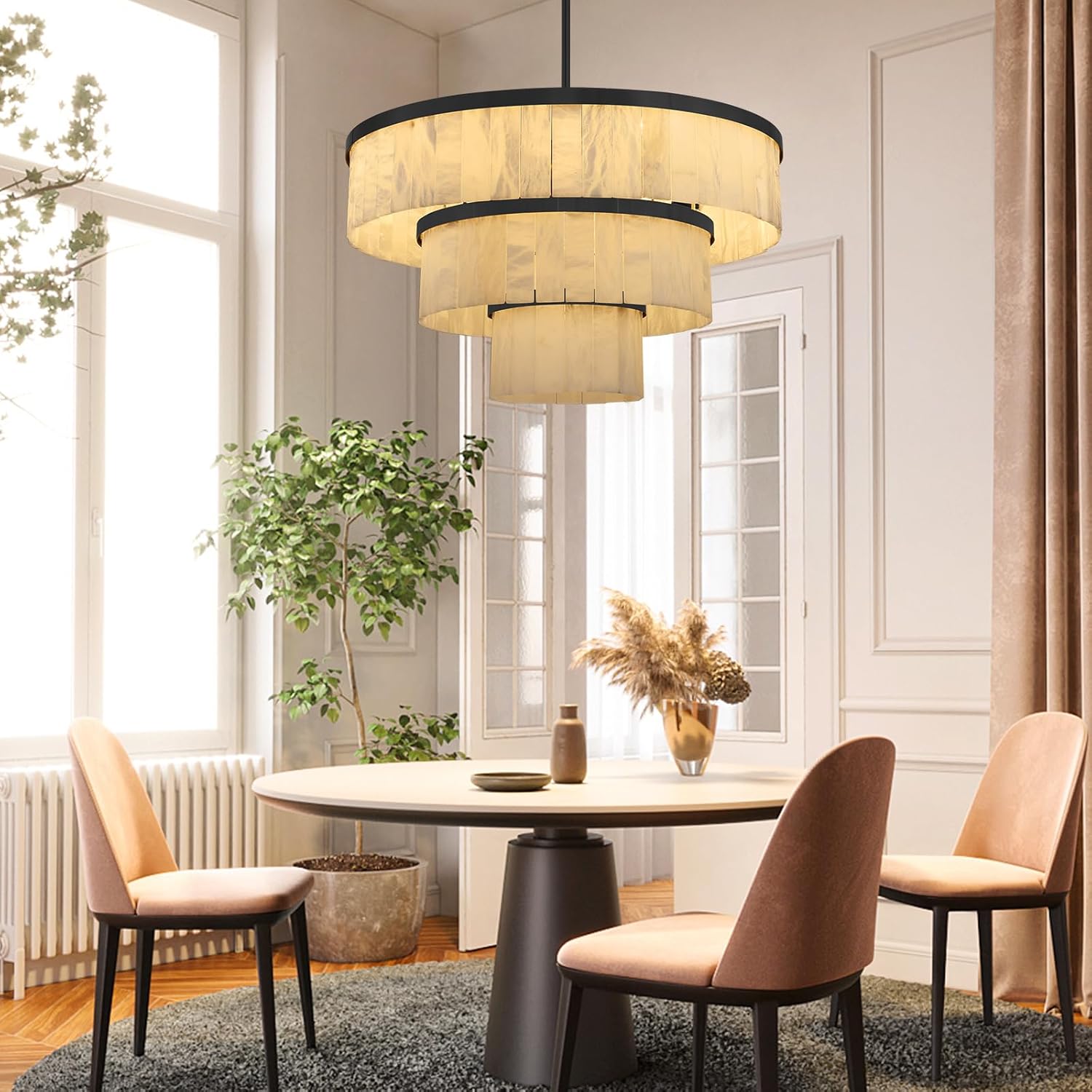 Round Alabaster Chandelier, 3 Tiers Black Marble Chandelier for Dining Room, D34 Modern Living Room Chandeliers Modern High Ceilings Chandeliers for Bedroom, Foyer, Entryway(Include 15 Bulbs) black-D34-round