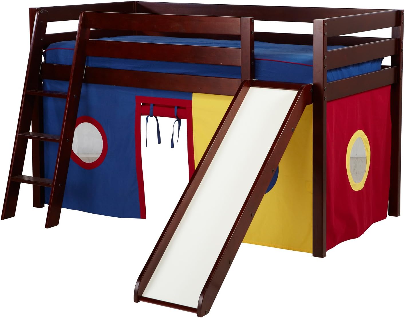 Jackpot! Essentials Low Loft Play Bed with Slide, Angled Ladder,and Blue/Red/Yellow Curtains, Cherry Finish