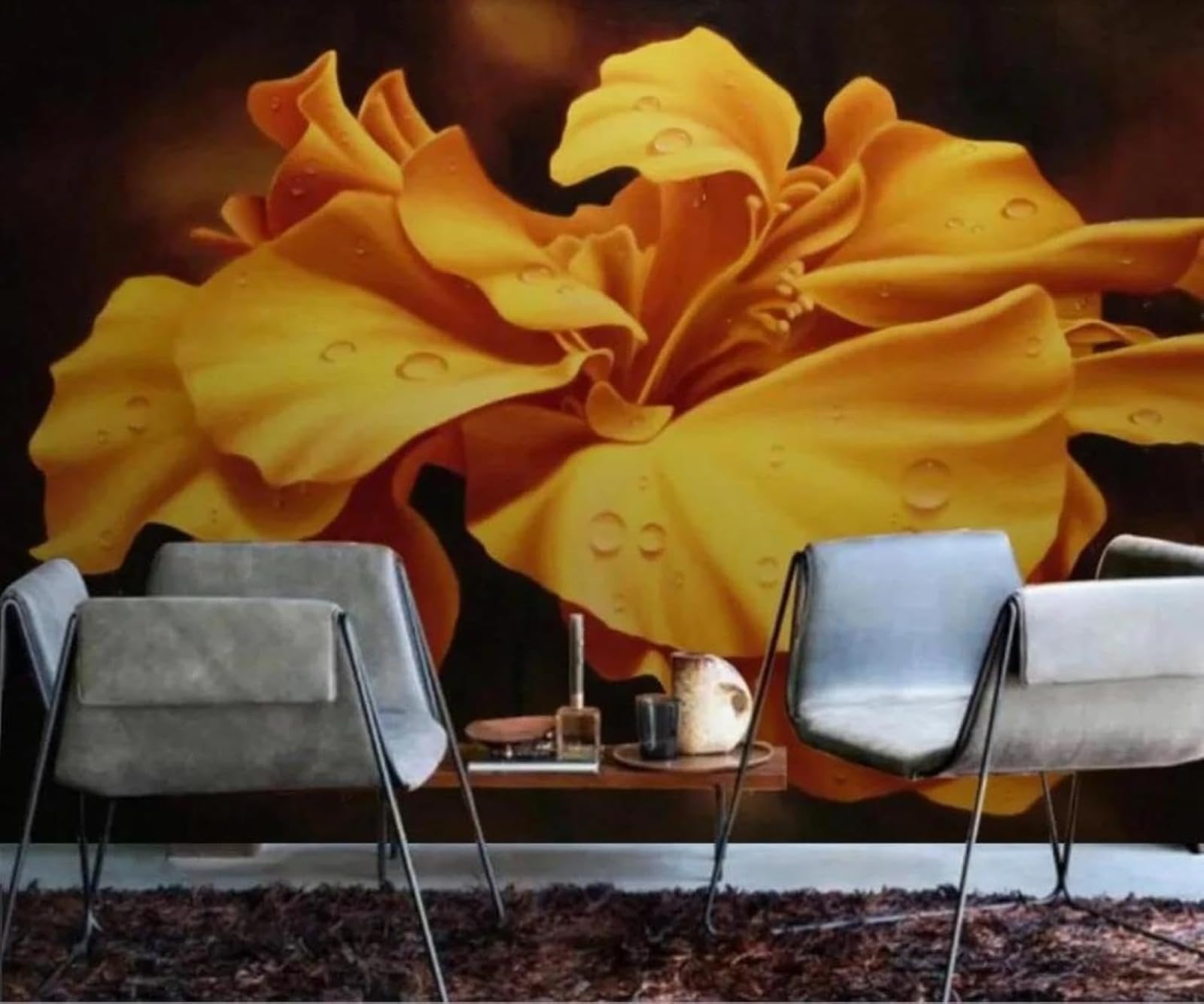 Papier peint fleur jaune 3D pour transformer votre canape et mur de salon en œuvre d'art