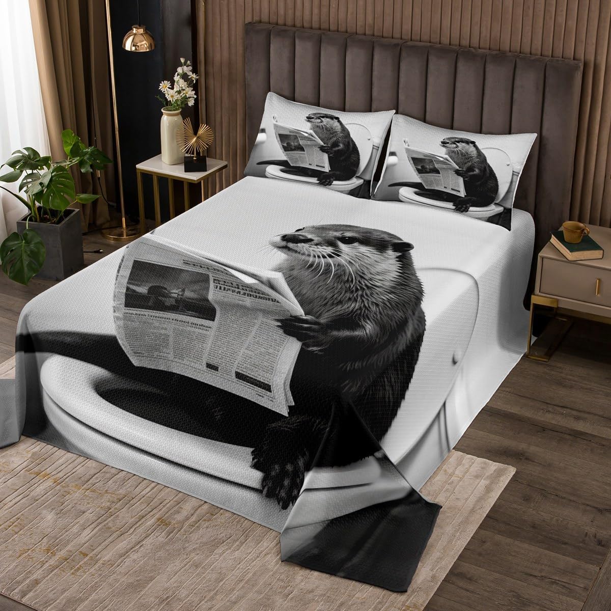 Erosebridal Cat Quilted Twin Size Kawaii Kitten Bedspread for Kids Boys Girls Newspaper Reading Cute 3D Black Grey White Quilted Coverlet Soft Luxury Coverlet Set