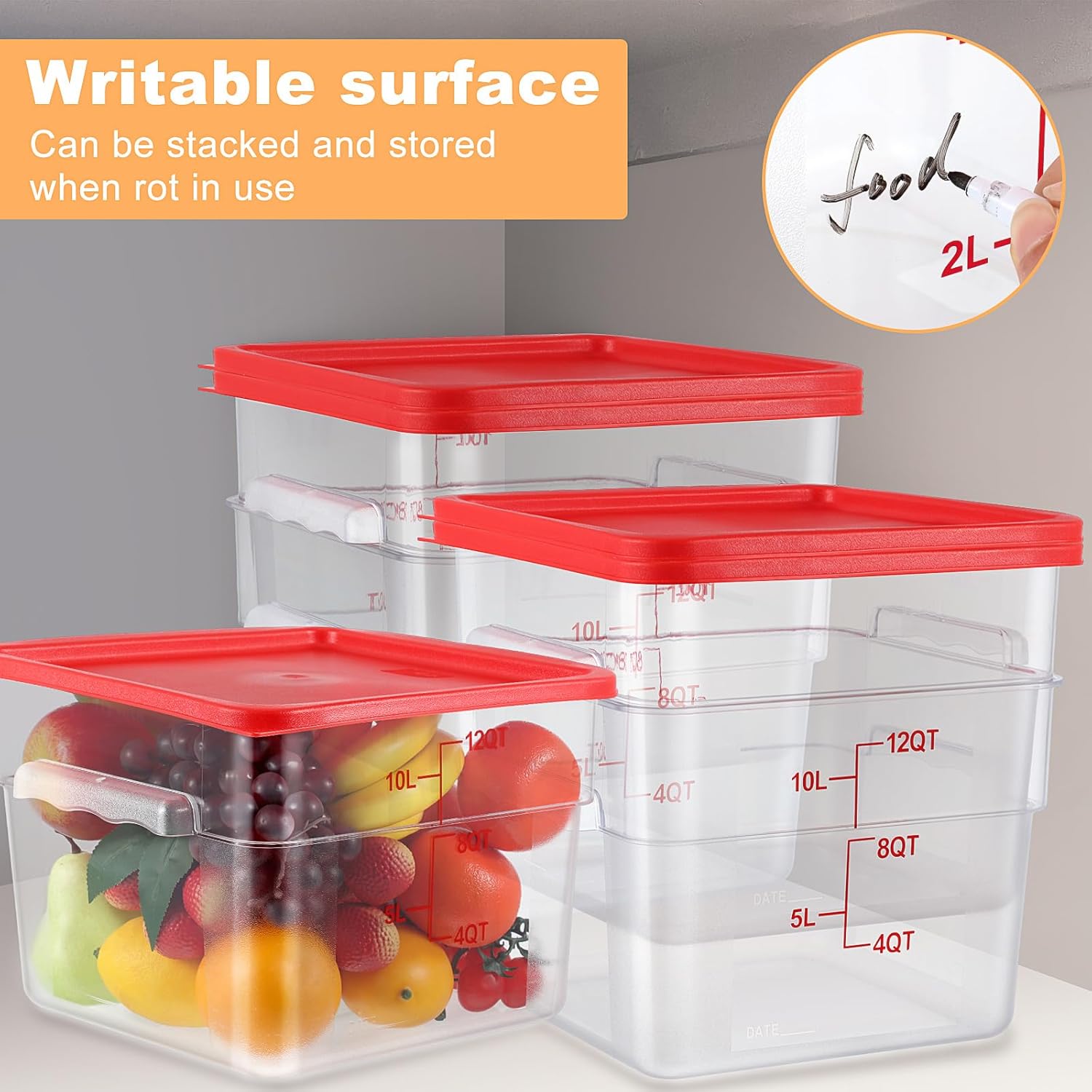 8 Sets Square Food Storage Containers with Lids Dough Proofing Bucket Commercial Polycarbonate Containers with Scale Clear Airtight Cereal for Pantry Home Restaurant (Red,12 Qt)