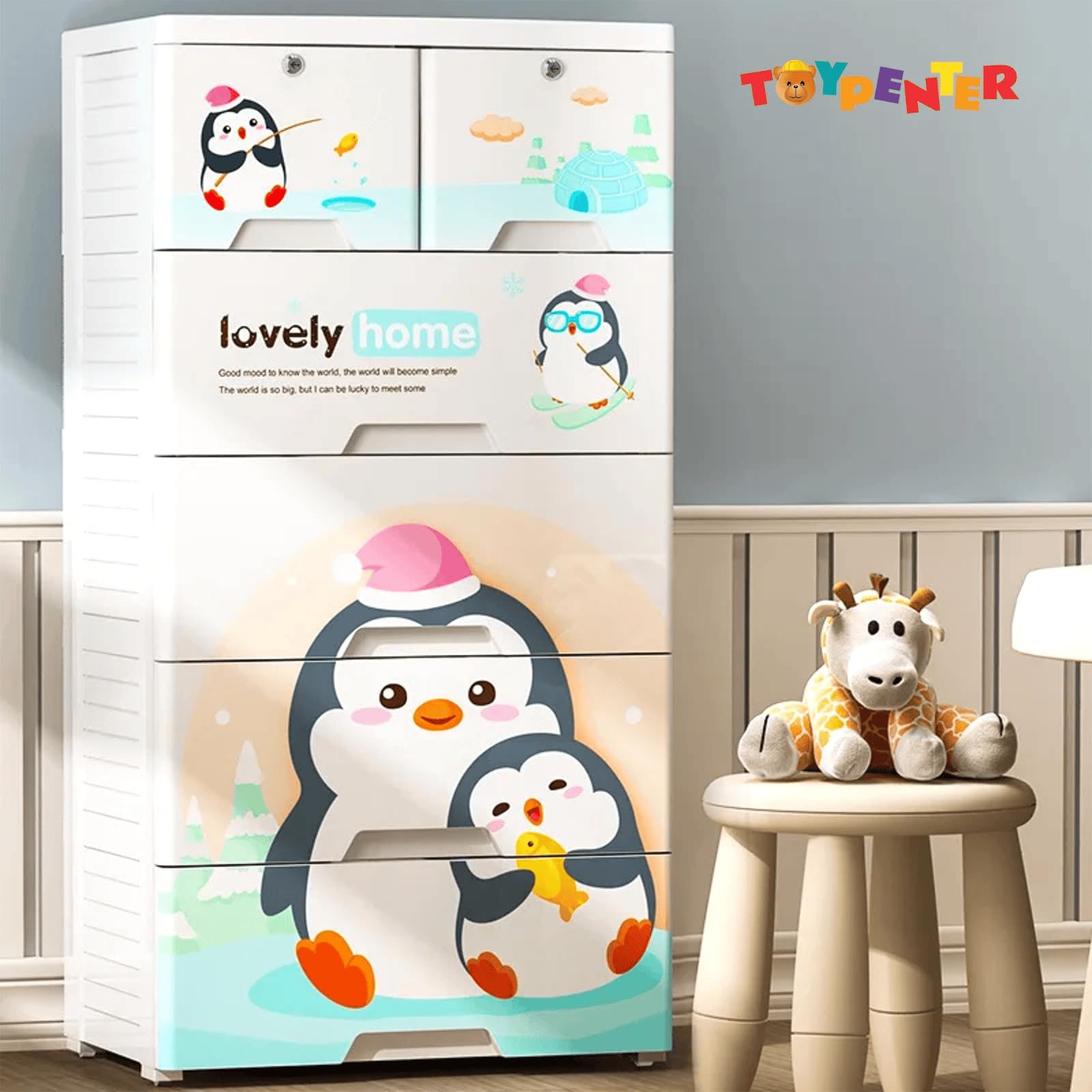 TOYPENTER 5 Layers High Density Plastic Storage Cabinate with Wheels I Collapsible Kids Clothing Wardrobe | Portable Waterproof Multipurpose Storage/Adjustable 6 Drawers Almirah for Babies (Penguin) 3