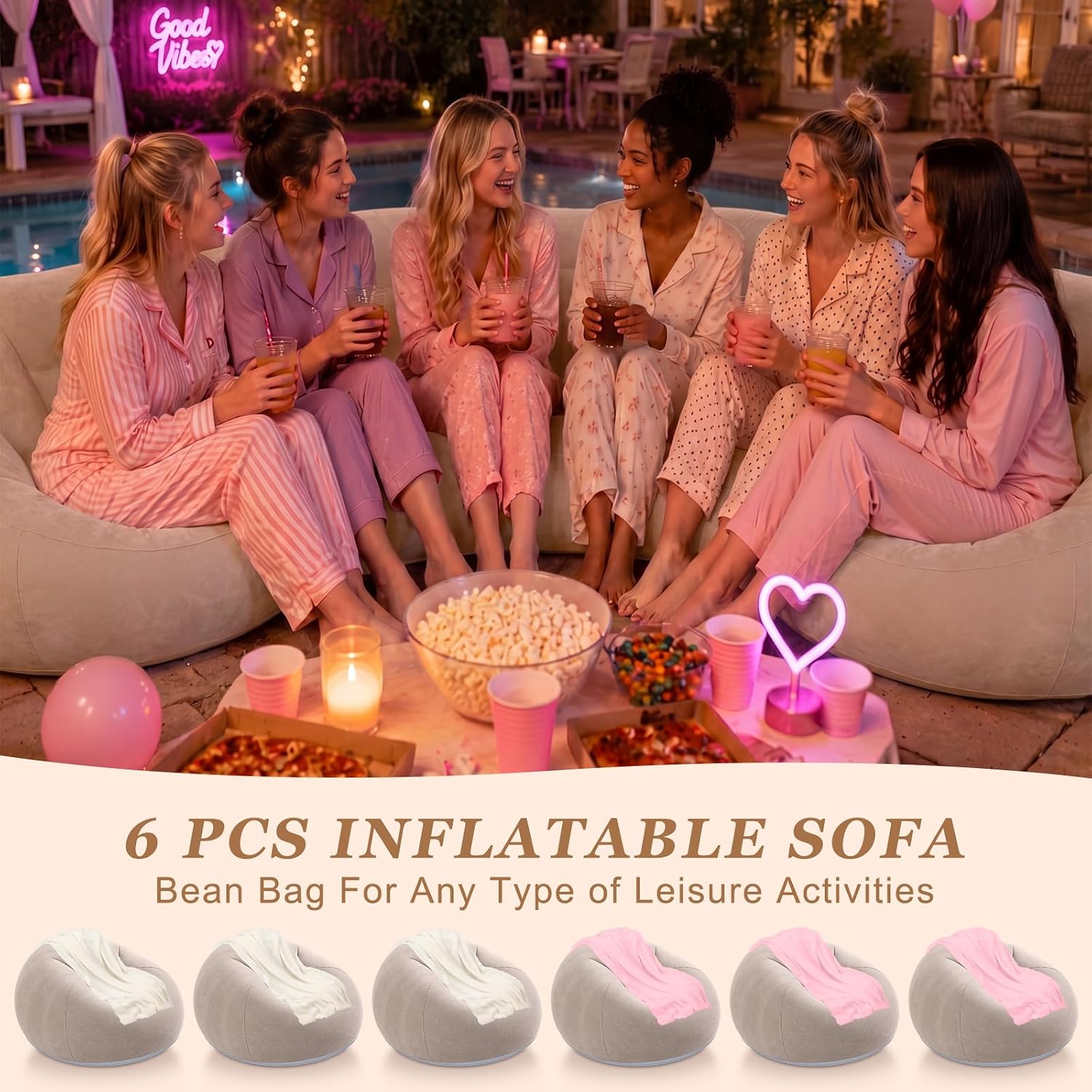 Huwena 12 Pcs Inflatable Bean Bag Chair Set with Blankets & Pump, Coffee