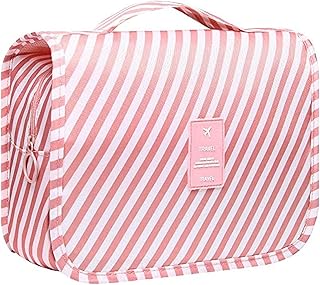 شنطة معلقة لادوات الزينة للنساء - مستحضرات تجميل للسفر قابلة للطي مع خطاف تعليق لملحقات اساسية بحجم السفر مخطط بينك من فياريين نايلون زهري