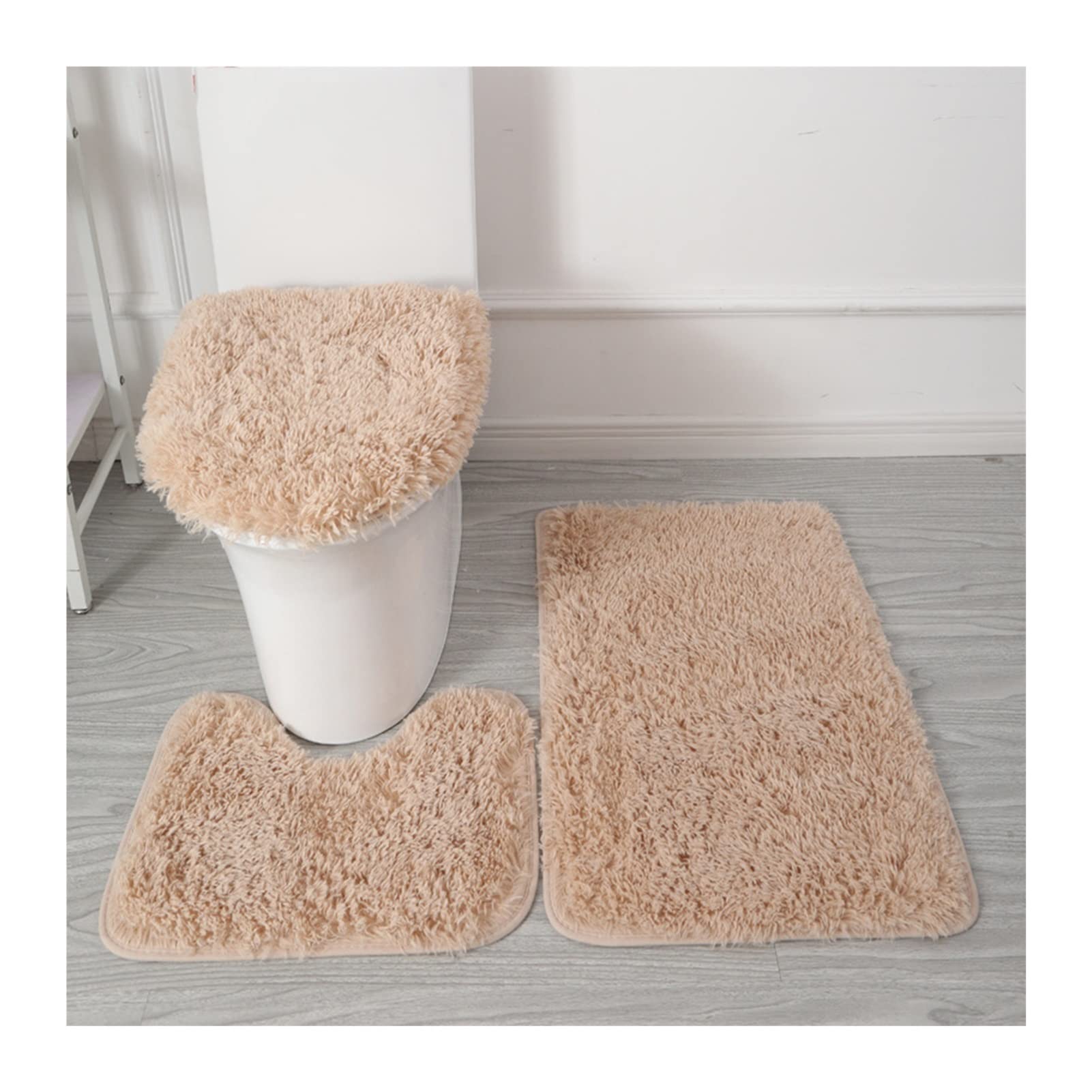 Hebezn 3Pcs Beige 3 Piece Toilet Seat Cover Set,Thicker Toilet Seat Cover Pad With Bath Mat + Pedestal Mat + Toilet Seat Cover，Toilet Lid Covers Washable，Bathroom Toilet Seat Pads For Winter ( Color : )