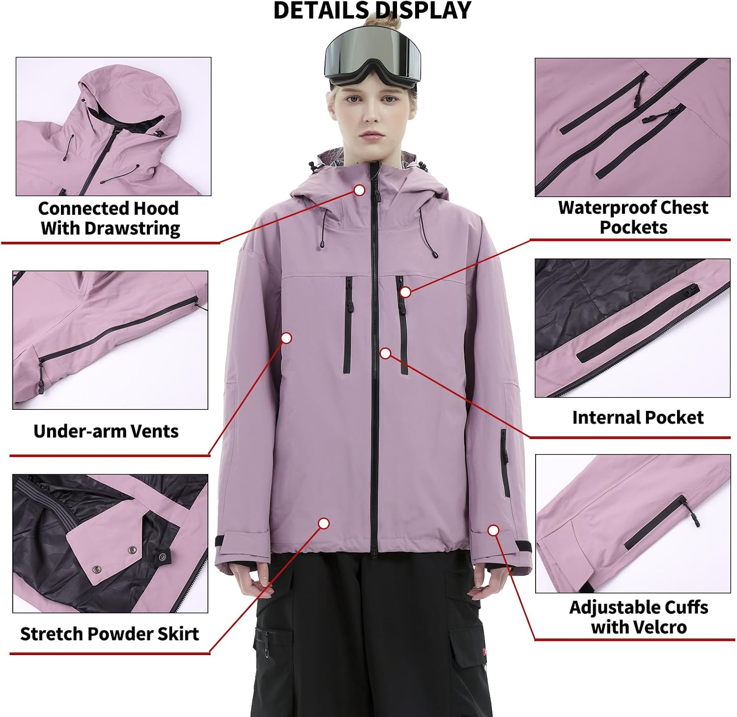 SNOWVERB Baggy Ski Jacket 3L Snowboard Snow Coat with Hood for Womens Mens