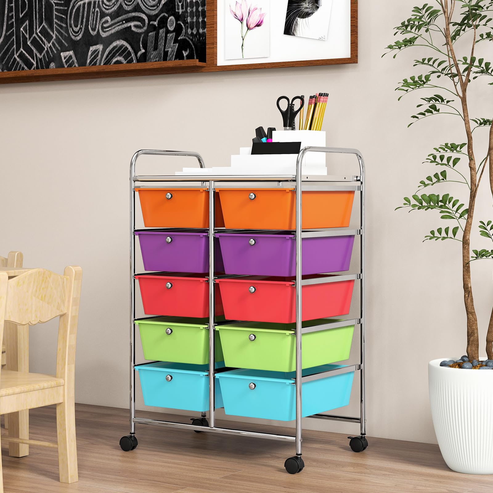 KOMFOTTEU Chariot de Rangement à 10 Tiroirs, Meuble Tiroir à Roulettes verrouillage, Chariot en plastique, Chariot organisateur, pour Bureau, Salle de Bains, Salon (Coloré)