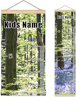 Personalized Kids Name Growth Chart Ruler for Wall for Boys Girls Wood Frame Height Measure Chart 13.4x56 inch Canvas Hanging Height Growth Chart Forest Green Trees Woods Kids Room Decor
