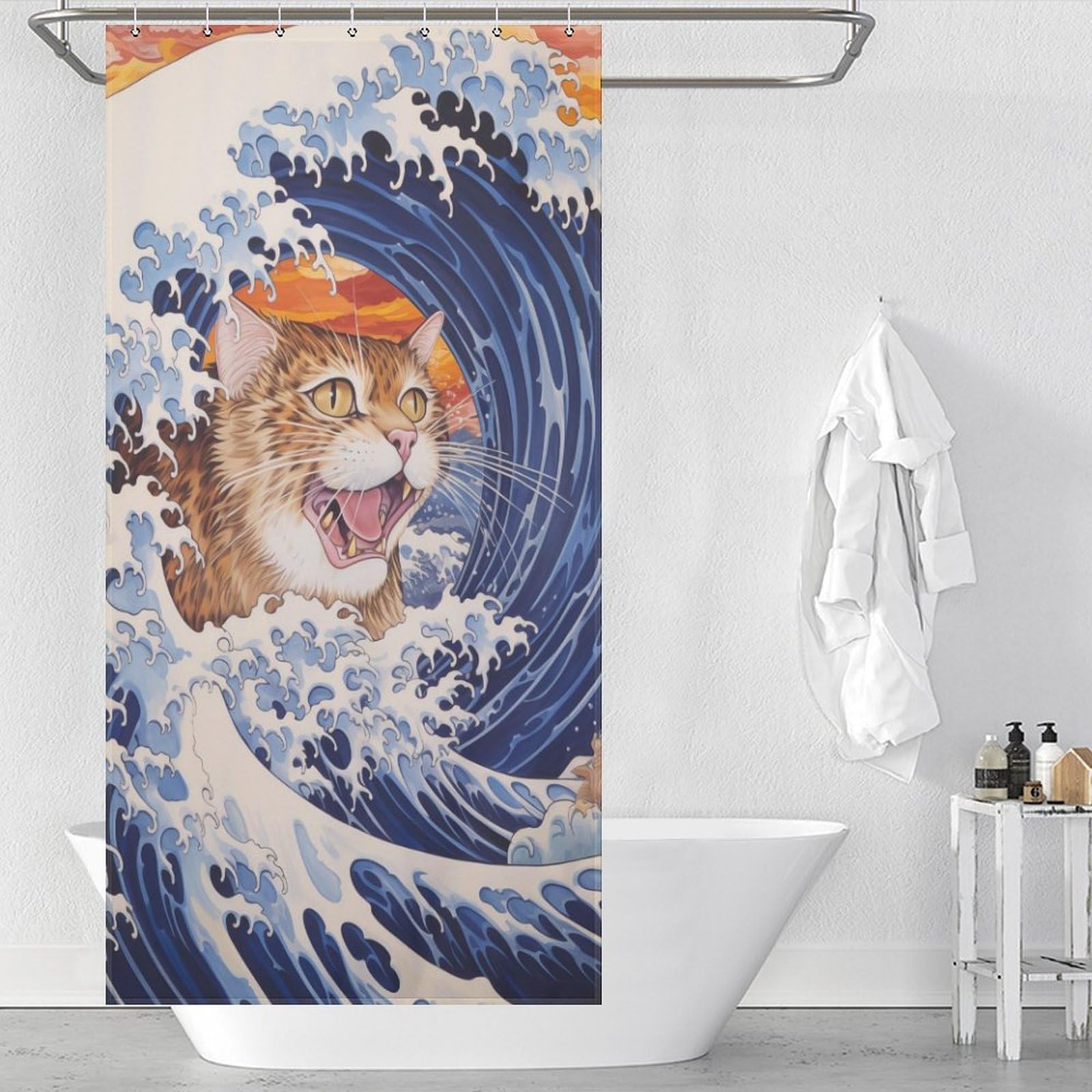 Rideau de douche Cat in Great Wave anti-moisissure pour assainir une salle de bain humide