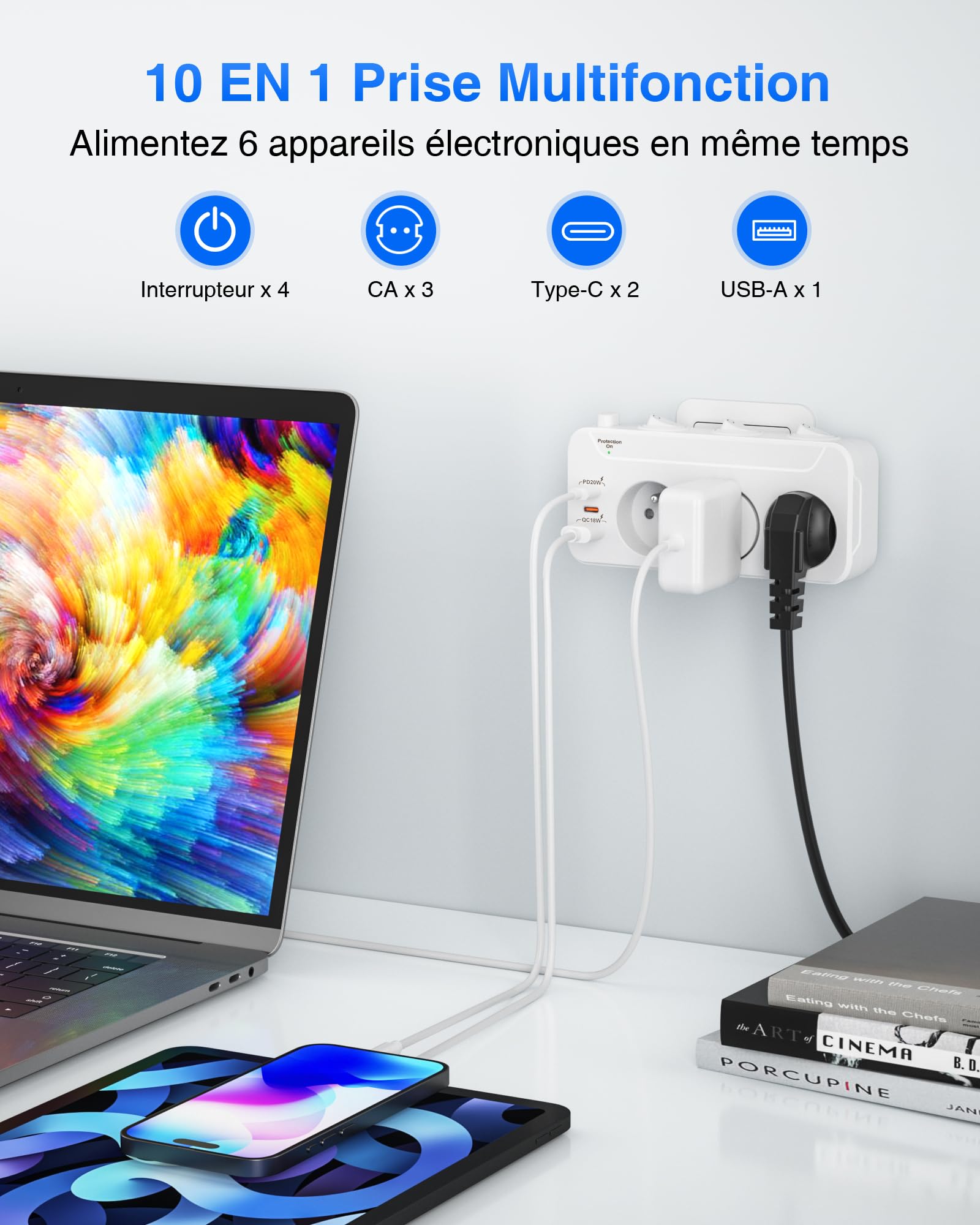 Listwa Zasilająca 3 Gniazdo, PD20W Wielokrotne Gniazdo z Wyłącznikami,Listwa Zasilająca Przeciwprzepięciowa 3 Gniazda Elektryczne,Rozdzielacz Elektryczny Adapter do Gniazdka z Type-c,Biały