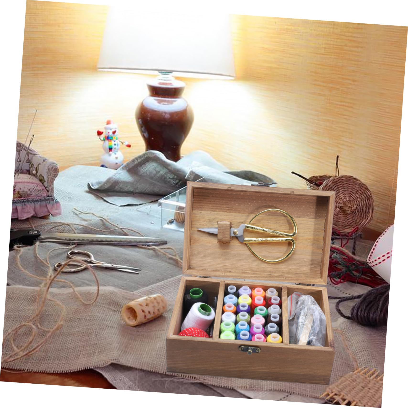 WOONEKY Caja de Costura de Madera Sólida Agujas E Hilos para Manualidades Kit de Costura Completo para Principiantes y Profesionales Color Natural Uso en Hogar y Viaje Adecuado DIY