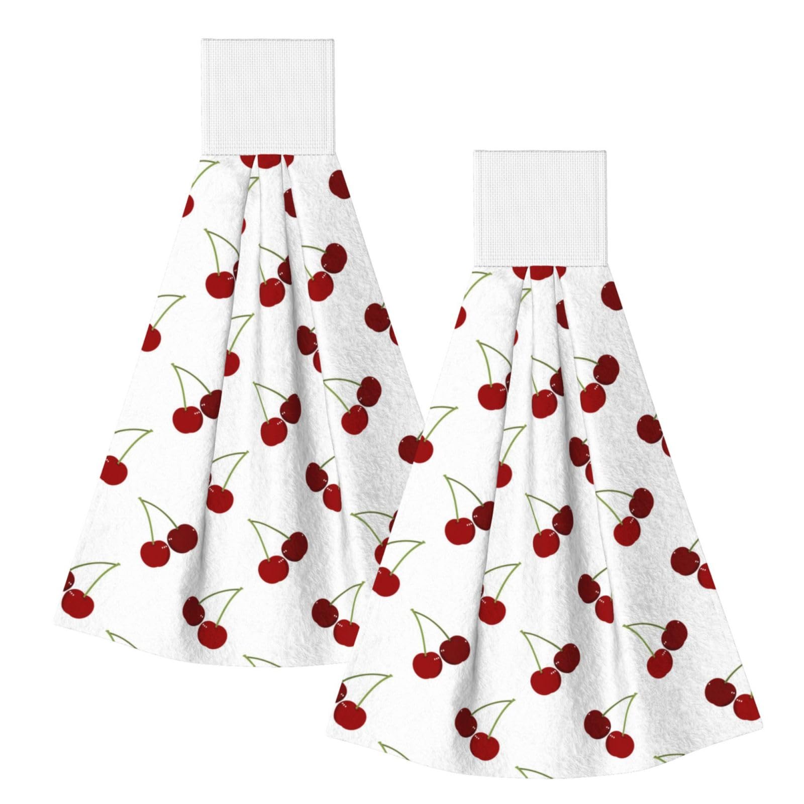 DOPKLNA Cute Cherry Pattern, 2 Pcs Hanging Coral Fiber Hand Towels for Bathroom, Absorbent Kitchen Towels