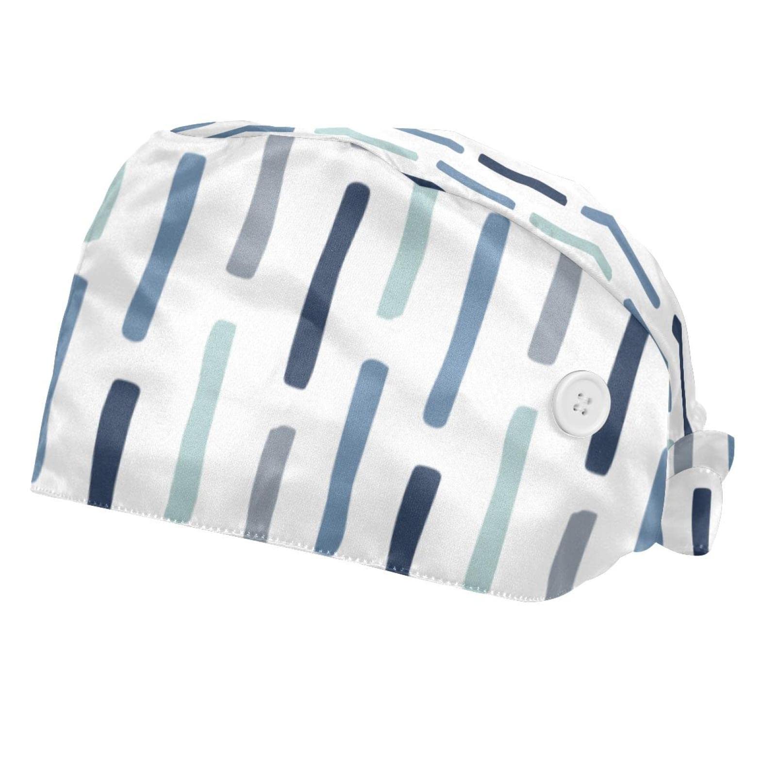 Pulongpoq 2 Pcs Working Scrub Cap Hat with Button Sweatband Adjustable Tie Back Hats for Women Men, Blue Vertical Pattern